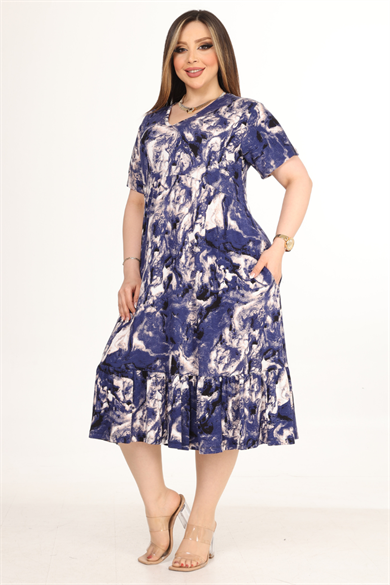 Melsay Butik Göğüsten Robalı V Yaka Kısa Kollu Mavi Batik Desenli Cepli Elbise