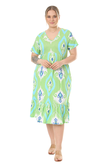 Melsay Butik Göğüsten Robalı V Yaka Kısa Kollu Yeşil Motif Desenli Cepli Elbise