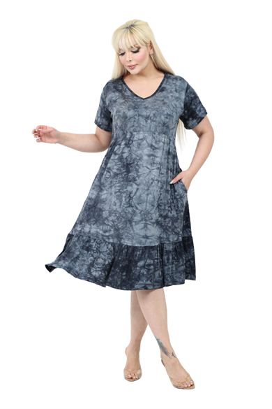 Melsay Butik Göğüsten Robalı V Yaka Kısa Kollu Antrasit Batik Yıkama Cepli Elbise