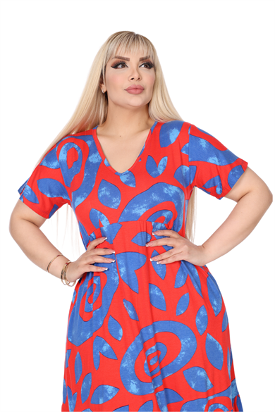 Melsay Butik Göğüsten Robalı V Yaka Kısa Kollu Pembe Nazar Desenli Cepli Elbise