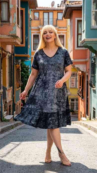 Melsay Butik Göğüsten Robalı V Yaka Kısa Kollu Antrasit Batik Yıkama Cepli Elbise
