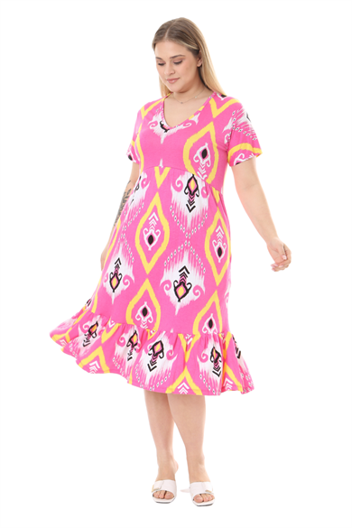 Melsay Butik Göğüsten Robalı V Yaka Kısa Kollu Pembe Motif Desenli Cepli Elbise