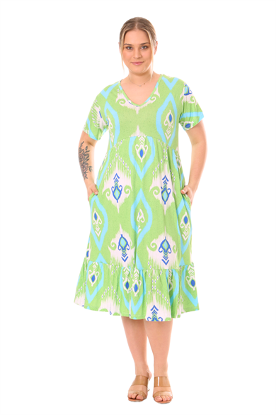 Melsay Butik Göğüsten Robalı V Yaka Kısa Kollu Yeşil Motif Desenli Cepli Elbise