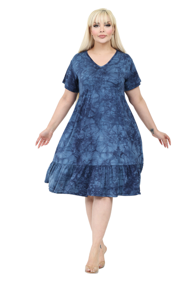 Melsay Butik Göğüsten Robalı V Yaka Kısa Kollu Lacivert Batik Yıkama Cepli Elbise