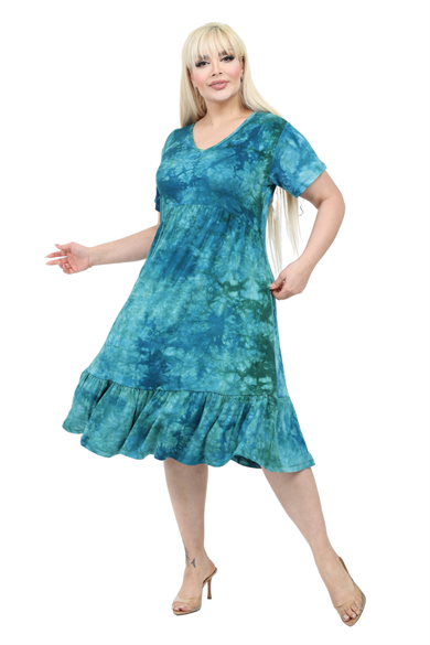 Melsay Butik Göğüsten Robalı V Yaka Kısa Kollu Turkuaz Batik Yıkama Cepli Elbise