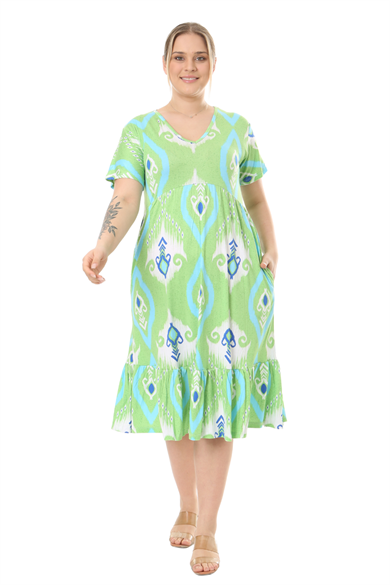 Melsay Butik Göğüsten Robalı V Yaka Kısa Kollu Yeşil Motif Desenli Cepli Elbise