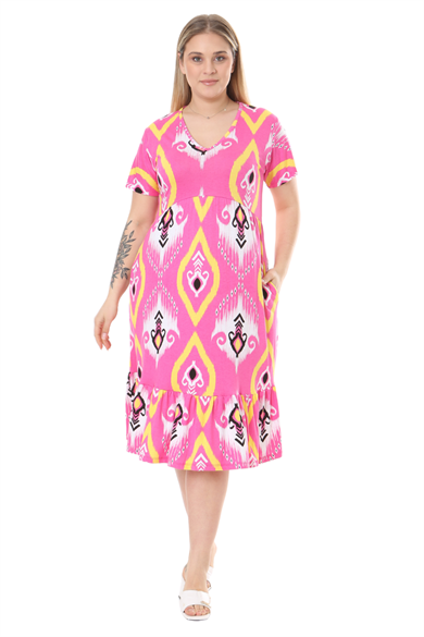 Melsay Butik Göğüsten Robalı V Yaka Kısa Kollu Pembe Motif Desenli Cepli Elbise