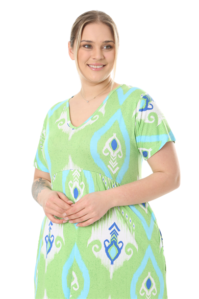 Melsay Butik Göğüsten Robalı V Yaka Kısa Kollu Yeşil Motif Desenli Cepli Elbise