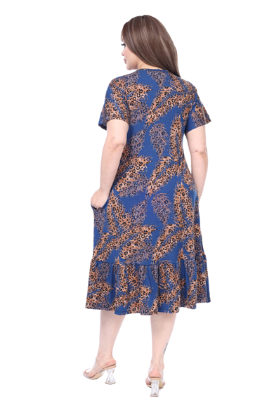 Melsay Butik Göğüsten Robalı V Yaka Kısa Kollu Lacivert Başak Desen Cepli Elbise