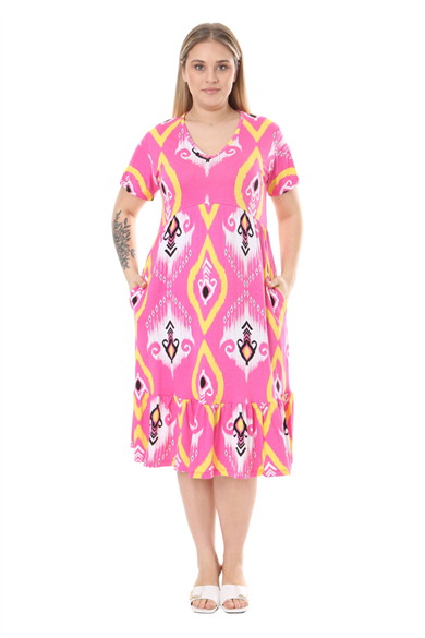 Melsay Butik Göğüsten Robalı V Yaka Kısa Kollu Pembe Motif Desenli Cepli Elbise