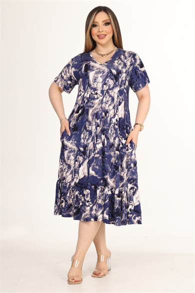 Melsay Butik Göğüsten Robalı V Yaka Kısa Kollu Mavi Batik Desenli Cepli Elbise
