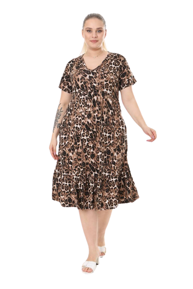 Melsay Butik Göğüsten Robalı V Yaka Kısa Kollu Leopar Desen Cepli Elbise