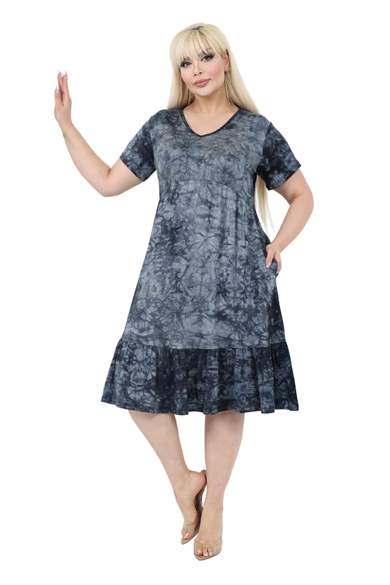 Melsay Butik Göğüsten Robalı V Yaka Kısa Kollu Antrasit Batik Yıkama Cepli Elbise