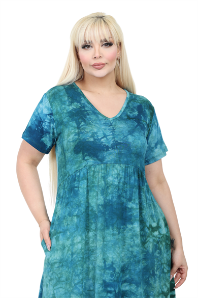 Melsay Butik Göğüsten Robalı V Yaka Kısa Kollu Turkuaz Batik Yıkama Cepli Elbise