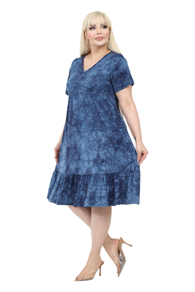 Melsay Butik Göğüsten Robalı V Yaka Kısa Kollu Lacivert Batik Yıkama Cepli Elbise