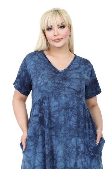 Melsay Butik Göğüsten Robalı V Yaka Kısa Kollu Lacivert Batik Yıkama Cepli Elbise