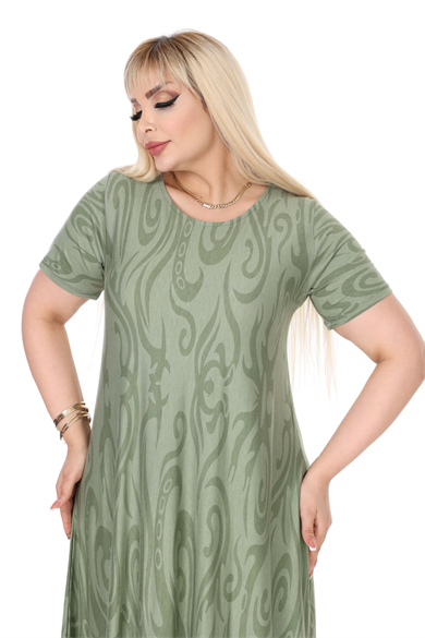 Melsay Butik Haki Eteği Çizgili Desen Asimetrik Kısa Kollu Elbise