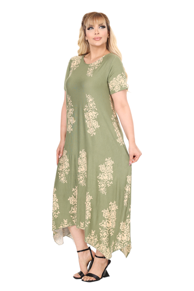 Melsay Butik Haki Pano Desen Asimetrik Kısa Kollu Elbise
