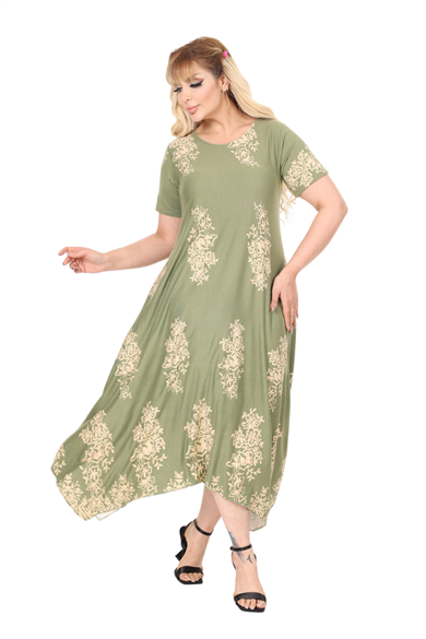 Melsay Butik Haki Pano Desen Asimetrik Kısa Kollu Elbise