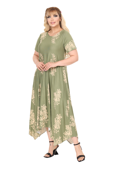 Melsay Butik Haki Pano Desen Asimetrik Kısa Kollu Elbise