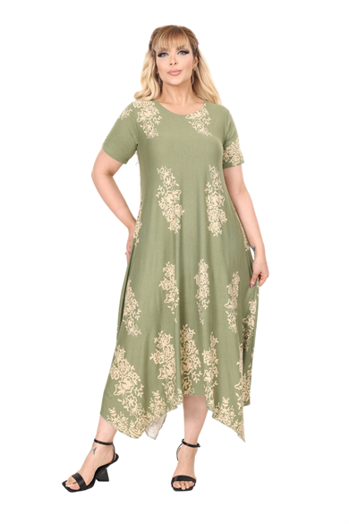 Melsay Butik Haki Pano Desen Asimetrik Kısa Kollu Elbise