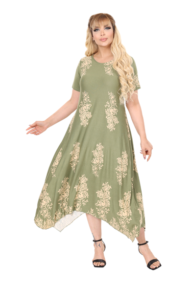Melsay Butik Haki Pano Desen Asimetrik Kısa Kollu Elbise