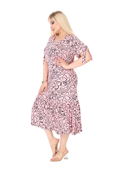 Melsay Butik İnci Pembesi Çiçek Desen Kolları Bağlamalı Kısa Kollu Elbise