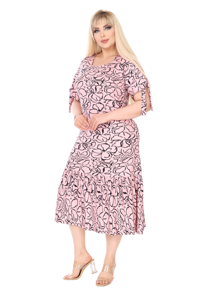 Melsay Butik İnci Pembesi Çiçek Desen Kolları Bağlamalı Kısa Kollu Elbise
