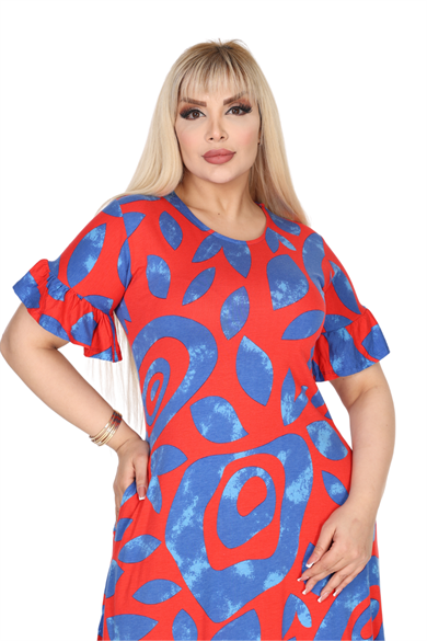 Melsay Butik Kadın Büyük Beden Eteği Fırfırlı Pembe Nazar Desen Cepli Elbise