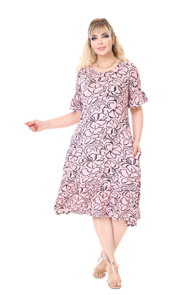 Melsay Butik Kadın Büyük Beden İnci Pembesi Çiçek Desen Cepli Elbise