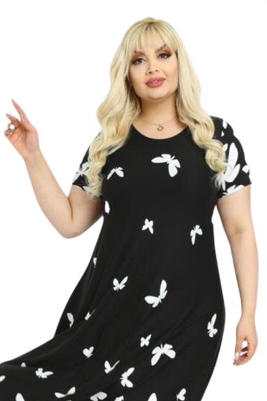 Melsay Butik Kelebek Desen Asimetrik Kısa Kollu Uzun Elbise