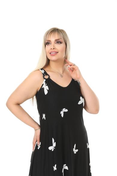Melsay Butik Kelebek Desen Askılı V Yaka Uzun Elbise