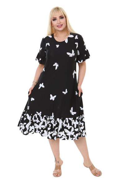 Melsay Butik Kelebek Desen Cepli Fırfırlı Kısa Kol Kadın Midi Elbise