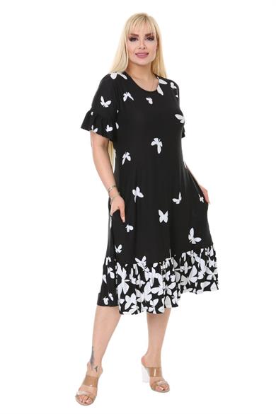 Melsay Butik Kelebek Desen Cepli Fırfırlı Kısa Kol Kadın Midi Elbise
