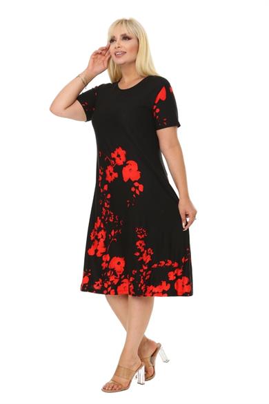 Melsay Butik Kırmızı Gelincik Kısa Kollu Büyük Beden Midi Elbise