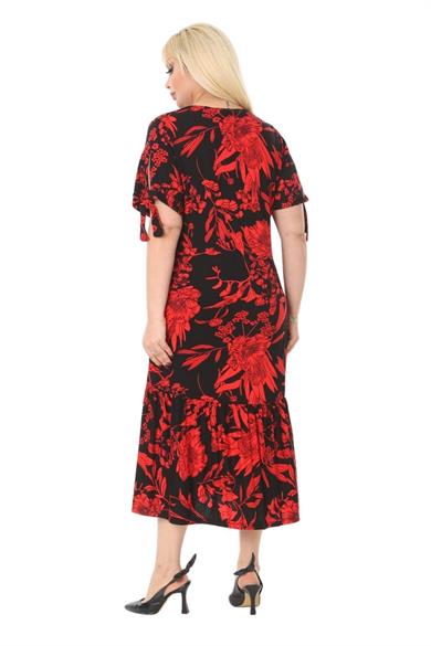 Melsay Butik Kırmızı Palmiye Desen Bağlamalı Kısa Kollu Kadın Midi Elbise