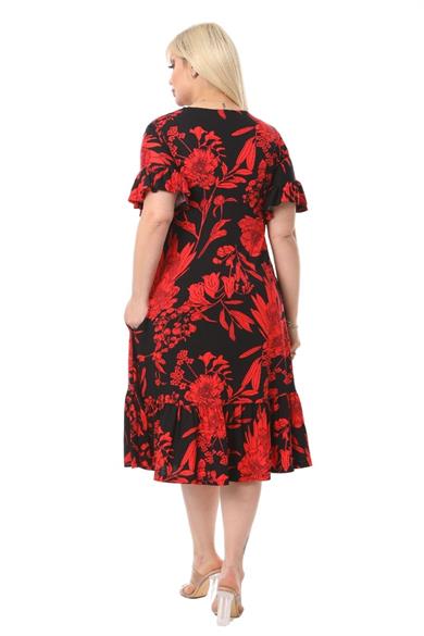 Melsay Butik Kırmızı Palmiye Fırfırlı Kısa Kollu Kadın Midi Elbise