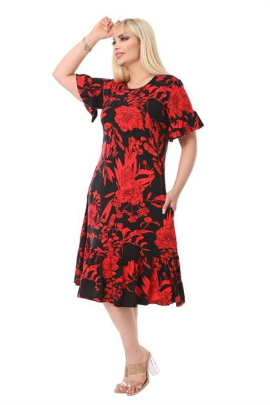 Melsay Butik Kırmızı Palmiye Fırfırlı Kısa Kollu Kadın Midi Elbise