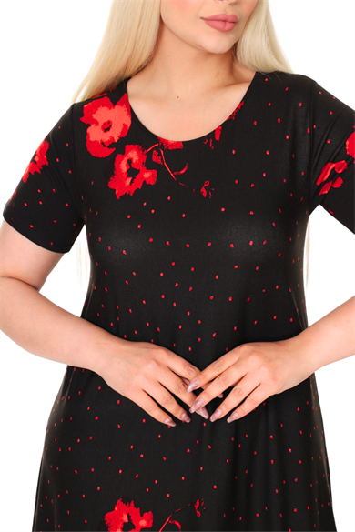 Melsay Butik Kırmızı Puanlı Gelincik Desen Asimetrik Kısa Kollu Elbise