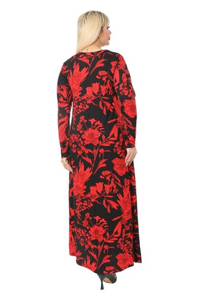 Melsay Butik Kırmızı Yaprak Desen Kollu Kadın Uzun Tesettür Elbise