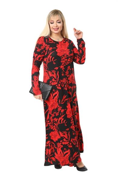 Melsay Butik Kırmızı Yaprak Desen Kollu Kadın Uzun Tesettür Elbise