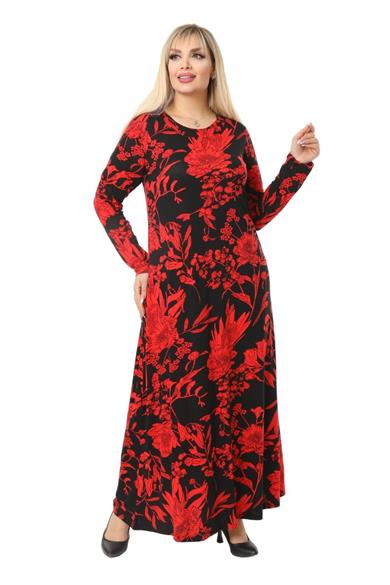 Melsay Butik Kırmızı Yaprak Desen Kollu Kadın Uzun Tesettür Elbise