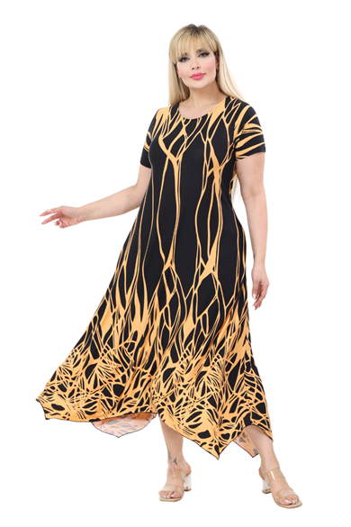 Melsay Butik Kısa Kollu Asimetrik Kesim Sarı Dalgalı Reflektör Desen Büyük Beden Elbise