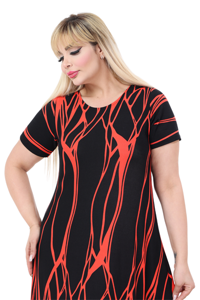 Melsay Butik Kısa Kollu Asimetrik Kesim Kırmızı Dalgalı Reflektör Desen Büyük Beden Elbise