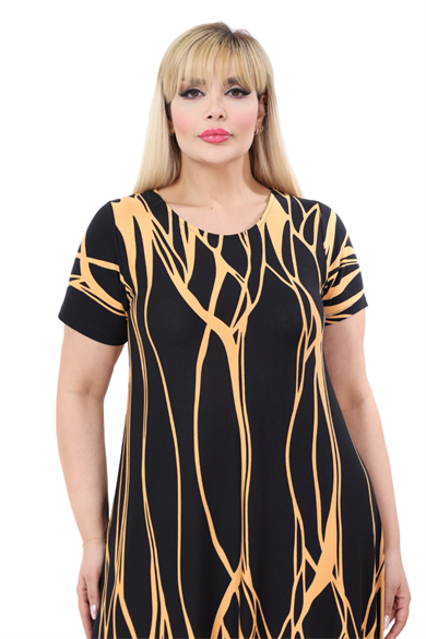 Melsay Butik Kısa Kollu Asimetrik Kesim Sarı Dalgalı Reflektör Desen Büyük Beden Elbise