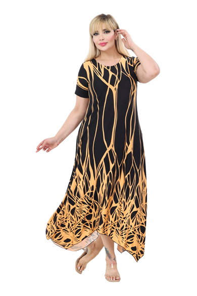 Melsay Butik Kısa Kollu Asimetrik Kesim Sarı Dalgalı Reflektör Desen Büyük Beden Elbise