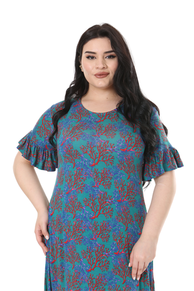 Melsay Butik Kısa Kollu Fırfırlı Cepli Mavi Küçük Mercan Desenli Midi Elbise