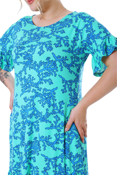 Melsay Butik Kısa Kollu Fırfırlı Cepli Turkuaz Mercan Desenli Midi Elbise