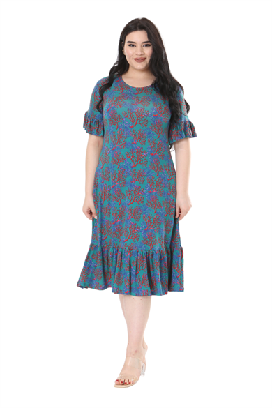 Melsay Butik Kısa Kollu Fırfırlı Cepli Mavi Küçük Mercan Desenli Midi Elbise
