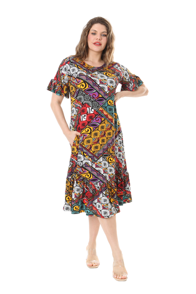 Melsay Butik Kısa Kollu Fırfırlı Cepli Sarı Patchwork Desenli Midi Elbise